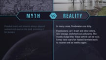 A simple chart with two columns, each with a header image: a mythical drawing on the left and an image of a flooded area on the right. The "Myth vs. Reality" logo appears toward the chart's top, with "Myth" positioned at the top of the left column, and "Reality" positioned at the top of the right column. Both columns have text.