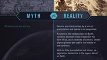 A simple chart with two columns, each with a header image: a mythical drawing on the left and a bird's-eye view of sand dunes on the right. The "Myth vs. Reality" logo appears toward the chart's top, with "Myth" positioned at the top of the left column, and "Reality" positioned at the top of the right column. Both columns have text.