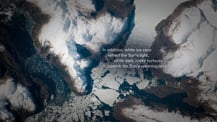 Bird's-eye view of a glacier. Text appears in the center right.