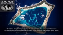 Satellite image of Atafu Atoll. A gray box in the top left corner has text that reads "Atafu Atoll, Tokelau Islands, South Pacific Ocean." Text at bottom reads "When a ring of coral reefs poked out of the water's surface, they were exposed to erosion and sedimentation, producing sandy strips of land where vegetation took root and people settled."