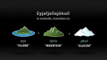 Artist's concepts of an island, mountain, and glacier. Text appears above and below the graphics.