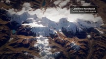 Satellite image of Cordillera Huayhuash. A gray box in the top right corner has text that reads "Cordillera Huayhuash, Peruvian Andes, South America."