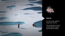 At left is an image of two people on ice approaching a pool of water. Toward the top right is an artist's concept of a molecule. Bolded text just below reads "Solid." More text appears below.