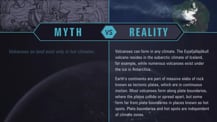 A simple chart with two columns, each with a header image: a mythical drawing on the left and a satellite image of a volcano on the right. The "Myth vs. Reality" logo appears toward the chart's top, with "Myth" positioned at the top of the left column, and "Reality" positioned at the top of the right column. Both columns have text.