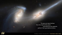 Image of the Mice Galaxies. Text toward the bottom right corner reads "The gas and stars farthest from the heart of the action trail behind as the galaxies perform their gravitational dance." A small Hubble icon is in the bottom left corner. Text in the bottom right corner reads "Hubble Space Telescope. The Mice (NGC 4676)."