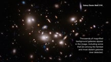 Image of Galaxy Cluster Abell 2744. Text in the top right corner reads "Galaxy Cluster Abell 2744." Text in the bottom right corner reads "Thousands of magnified background galaxies appear in the image, including some that are among the faintest and most distant galaxies ever detected."