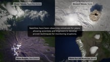 A collage of four different volcano images with labels. Text appears in the center.