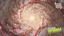 Image of a spiral galaxy. A scroll graphic in the top right corner has text that reads "Galaxy Types." White and yellow text in the bottom right corner reads "Stunning Spirals."