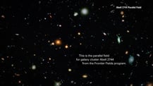 Image of parallel field of Abell 2744. Text at top right reads "Abell 2744 Parallel Field." Text at bottom right reads "This is the parallel field for galaxy cluster Abell 2744 from the Frontier Fields program."