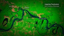 Satellite image of 2011 Mississippi River flooding. A gray box in the top right corner has text that reads "Lingering Floodwaters, near Vicksburg, Mississippi." A thin blue winding line in the top left corner of the satellite image is labeled "Yazoo River." To its right, a green area is labeled "Vicksburg." In the center right, a thick blue winding line is labeled "Mississippi River."