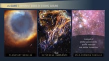 Collage of three different nebula types. Each image has a label toward its bottom, from left to right: "planetary nebulae," "supernova remnants," and "star-forming nebulae." Text toward the top reads "at-a-Glance, Different Kinds of Cosmic Clouds." Text near the bottom of the star-forming nebulae image reads "Instead of stellar graveyards, some nebulae are stellar nurseries."