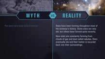 A simple chart with two columns, each with a header image: a mythical drawing on the left and an image of stars, gas, and dust on the right. The "Myth vs. Reality" logo appears toward the chart's top, with "Myth" positioned at the top of the left column, and "Reality" positioned at the top of the right column. Both columns have text.