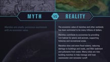 A simple chart with two columns, each with a header image: a mythical drawing on the left and a satellite image of marshlands on the right. The "Myth vs. Reality" logo appears toward the chart's top, with "Myth" positioned at the top of the left column, and "Reality" positioned at the top of the right column. Both columns have text.