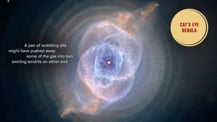 Image of Cat's Eye Nebula. A yellow circle in the top right corner has text that reads "Cat's Eye Nebula." Text at left reads "A pair of wobbling jets might have pushed away some of the gas into two swirling tendrils on either end."
