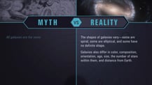 A simple chart with two columns, each with a header image: a mythical drawing on the left and an image of a galaxy on the right. The "Myth vs. Reality" logo appears toward the chart's top, with "Myth" positioned at the top of the left column, and "Reality" positioned at the top of the right column. Both columns have text.