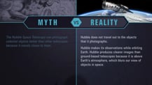 A simple chart with two columns, each with a header image: a mythical drawing on the left and an artist's concept of Hubble above Earth on the right. The "Myth vs. Reality" logo appears toward the chart's top, with "Myth" positioned at the top of the left column, and "Reality" positioned at the top of the right column. Both columns have text.