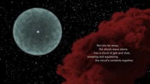 Artist's concept of a dying star at left and a cloud of dust and gas at right. Text appears toward the lower right.