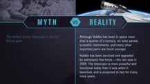 Screen grab from video. A simple chart with two columns, each with a header image: a mythical drawing on the left with the word “Myth,” the letters “vs” in the middle, and an artist's concept of the Hubble space telescope above Earth on the right with the word “Reality.” Under the word Myth appears text reading The Hubble Space Telescope has been replaced by the James Webb Space Telescope.