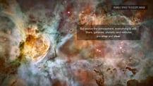 Image of a portion of the Carina Nebula taken by the Hubble Space Telescope. Text appears toward the top right.