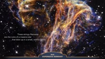 Image of Supernova Remnant N49. Text toward the bottom left reads "These stringy filaments are the ruins of a massive star that blew up in a small, nearby galaxy." Text at bottom reads "N49 Supernova Remnant."