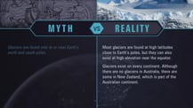 A simple chart with two columns, each with a header image: a mythical drawing on the left and an image of a glacier on the right. The "Myth vs. Reality" logo appears toward the chart's top, with "Myth" positioned at the top of the left column, and "Reality" positioned at the top of the right column. Both columns have text.