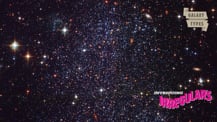 Image of irregular galaxies. A scroll graphic in the top right corner has text that reads "Galaxy Types." White and pink text in the bottom right corner reads "Intriguing Irregulars."