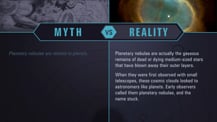 A simple chart with two columns, each with a header image: a mythical drawing on the left and an image of a planetary nebula on the right. The "Myth vs. Reality" logo appears toward the chart's top, with "Myth" positioned at the top of the left column, and "Reality" positioned at the top of the right column. Both columns have text.