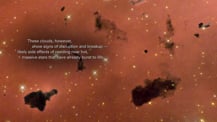 Image of Thackeray's Globules. Text toward the center left reads "These clouds, however, show signs of disruption and breakup — likely side effects of residing near hot, massive stars that have already burst to life."