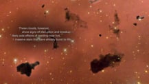 Image of Thackeray's Globules. Text toward the center left reads "These clouds, however, show signs of disruption and breakup — likely side effects of residing near hot, massive stars that have already burst to life."