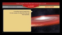 Text at top reads "There's More Than One Way to Destroy a Star, at-a-Glance."  At left is a yellow box with text. On the right is an artist's concept of a white dwarf star.