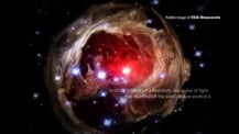 Image of V838 Monocerotis. Text toward the top right corner reads "Hubble image of V838 Monocerotis." Text toward the bottom right reads "In 2002, it gave off a flashbulb-like pulse of light that illuminated the shell of dust around it."