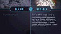 A simple chart with two columns, each with a header image: a mythical drawing on the left and an image of a supernova on the right. The "Myth vs. Reality" logo appears toward the chart's top, with "Myth" positioned at the top of the left column, and "Reality" positioned at the top of the right column. Both columns have text.