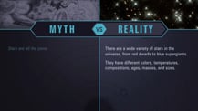 A simple chart with two columns, each with a header image: a mythical drawing on the left and an image of stars on the right. The "Myth vs. Reality" logo appears toward the chart's top, with "Myth" positioned at the top of the left column, and "Reality" positioned at the top of the right column. Both columns have text.