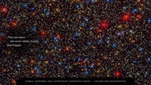 Image of Star Cluster Omega Centauri. Text at left reads "The red stars are even older, cooler, and bigger."