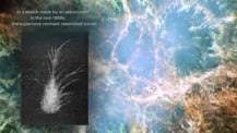 A close-up of the Crab Nebula overlaid with a black-and-white sketch of the object on the left. Text in the top left corner reads "In a sketch made by an astronomer in the mid-1800s, the supernova remnant resembled a crab."