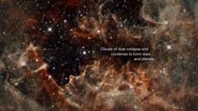 Image of brown and red clouds of dust against a star-filled background. Text appears toward the lower right.