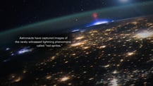 Image of a section of Earth at night. Above Earth are red sprites. Text appears toward the left.