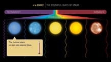 Text at top reads "at-a-Glance, The Colorful Ways of Stars." A spectrum bar appears just below, with the left side purple and labeled "Ultraviolet," and the right side red and labeled "Infrared." In the center of the bar is a rainbow-colored portion that is labeled "Visible Light." Below are artist’s concepts of five types of stars. A yellow box in the lower left corner is pointing to the leftmost star and has text that reads "The hottest stars we can see appear blue."