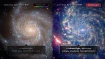 Two side-by-side images of spiral galaxy M101 as seen in visible light by the Hubble Space Telescope and infrared light as imaged by the Spitzer Space Telescope. A gray box toward the bottom left reads "In visible light, bright stars dominate the view." A gray box toward the bottom right reads "In infrared light, warm dust and gas clouds are more prominent."