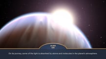 Starlight shining through exoplanet atmosphere. Text at bottom reads "Alien Air. On its journey, some of the light is absorbed by atoms and molecules in the planet's atmosphere."