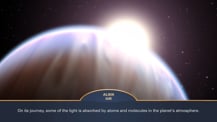 Starlight shining through exoplanet atmosphere. Text at bottom reads "Alien Air. On its journey, some of the light is absorbed by atoms and molecules in the planet's atmosphere."