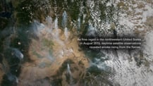 Satellite image of smoke from wildfires. Text at right reads "As fires raged in the northwestern United States in August 2015, daytime satellite observations revealed smoke rising from the flames."