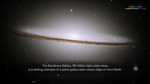 Image of the Sombrero Galaxy. In the top right corner is text that reads "Visible Light" and a rainbow-colored bar just below it. Text at bottom reads "The Sombrero Galaxy, 28 million light-years away, is a striking example of a spiral galaxy seen nearly edge-on from Earth."