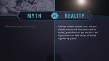 A simple chart with two columns, each with a header image: a mythical drawing on the left and an image of a galaxy on the right. The "Myth vs. Reality" logo appears toward the chart's top, with "Myth" positioned at the top of the left column, and "Reality" positioned at the top of the right column. Both columns have text.