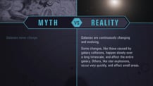 A simple chart with two columns, each with a header image: a mythical drawing on the left and an image of a galaxy on the right. The "Myth vs. Reality" logo appears toward the chart's top, with "Myth" positioned at the top of the left column, and "Reality" positioned at the top of the right column. Both columns have text.