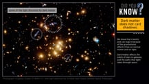 At left is an image of a field of galaxies with graphic overlays highlighting areas where the light is distorted. In the top right corner is the "Did You Know?" logo. Just below is a yellow box with text that reads "Dark matter does not cast shadows." More text appears below.