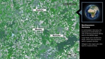 At left is a satellite image of northwestern Germany with labeled features. In the top right corner is an artist's concept of Earth. Just below is bolded text that reads "Northwestern Germany." More text appears below.