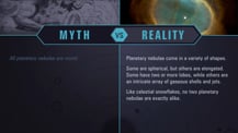 A simple chart with two columns, each with a header image: a mythical drawing on the left and an image of a planetary nebula on the right. The "Myth vs. Reality" logo appears toward the chart's top, with "Myth" positioned at the top of the left column, and "Reality" positioned at the top of the right column. Both columns have text.