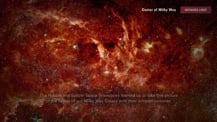 Infrared image of the Milky Way center. Text toward the top right corner reads "Center of Milky Way." A red box on the right has text that reads "Infrared Light." Text at bottom reads "The Hubble and Spitzer Space Telescopes teamed up to take this picture of the center of our Milky Way Galaxy with their infrared cameras."