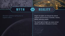 A simple chart with two columns, each with a header image: a mythical drawing on the left and a bird's-eye view of Earth at night on the right. The "Myth vs. Reality" logo appears toward the chart's top, with "Myth" positioned at the top of the left column, and "Reality" positioned at the top of the right column. Both columns have text.